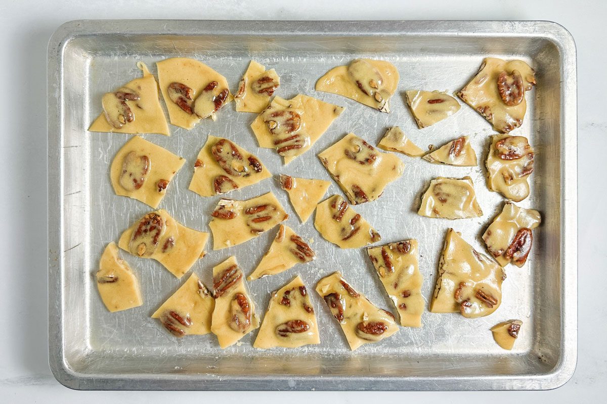 Taste of Home Pecan Brittle on a baking sheet
