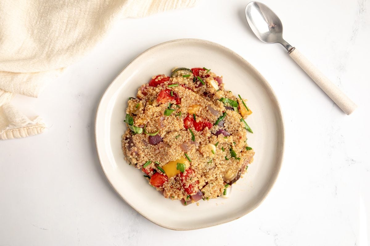 Overhead shot for Taste of Home Quinoa with Vegetables being served on a plate.