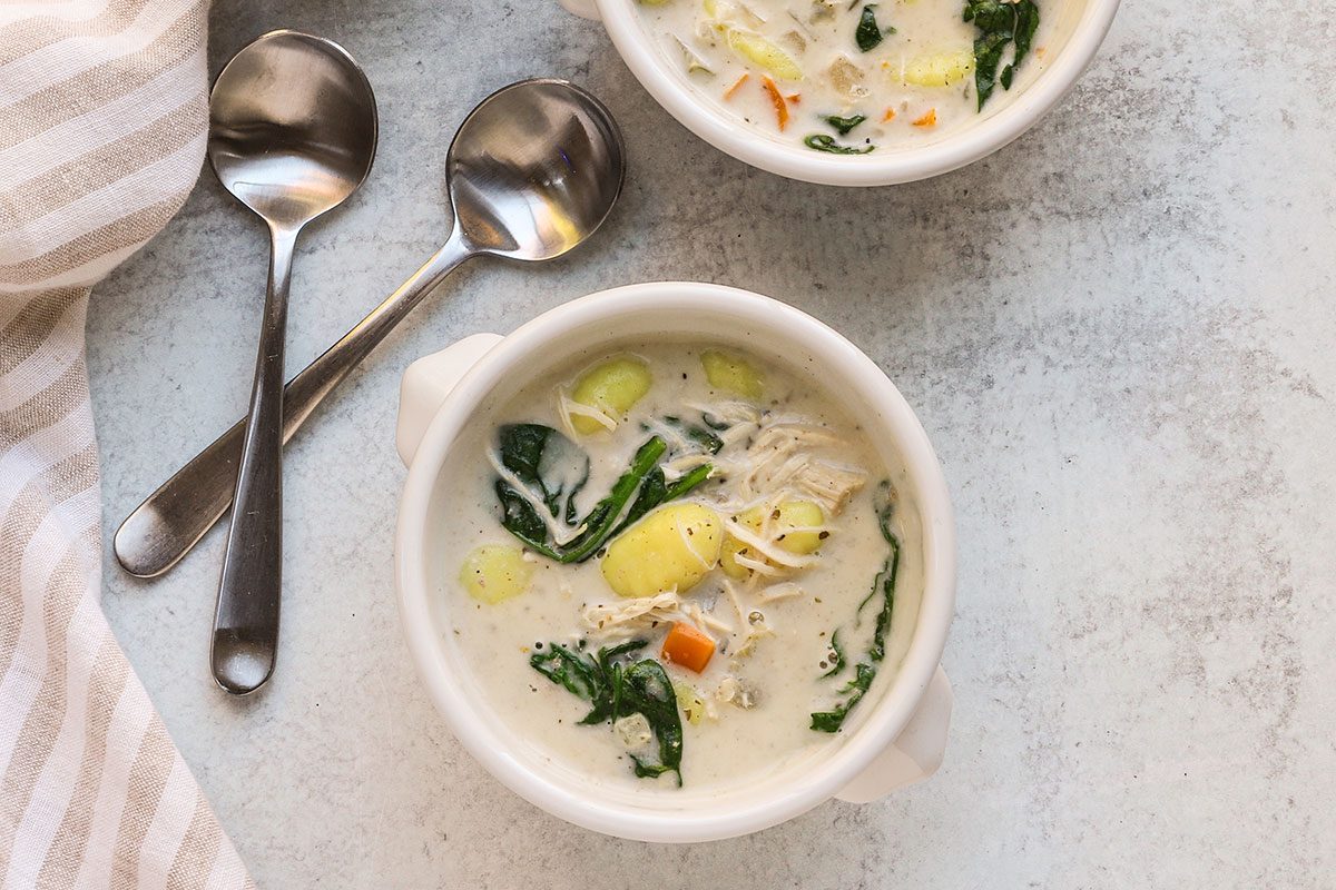 Two servings of slow cooker chicken gnocci soup..