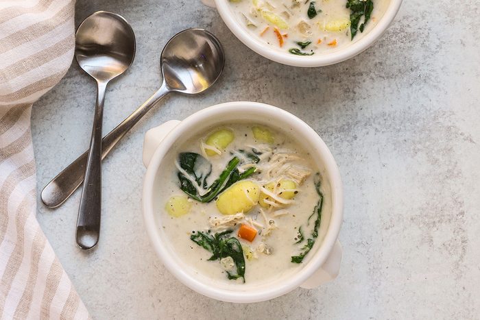 Two servings of slow cooker chicken gnocci soup..