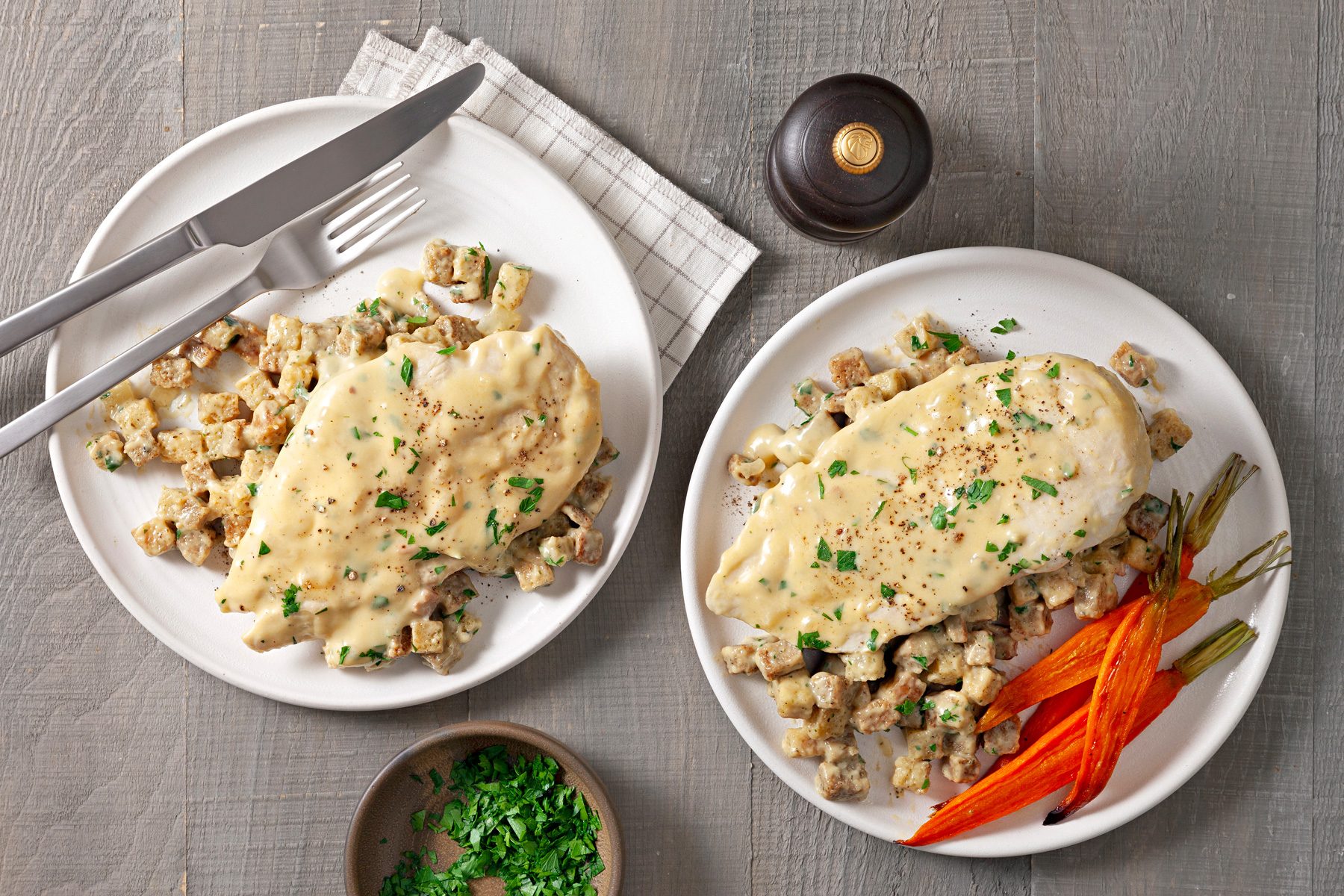 An overhead shot of slow cooker chicken stuffing.
