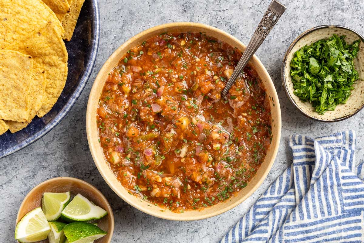 Taste of Home Smoked Salsa Recipe photo of the finished recipe in a serving bowl with tortilla chips.