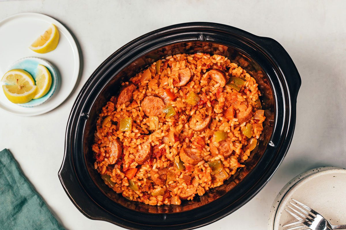 Finished Spanish rice with sausage recipe by Taste of Home in the slow cooker
