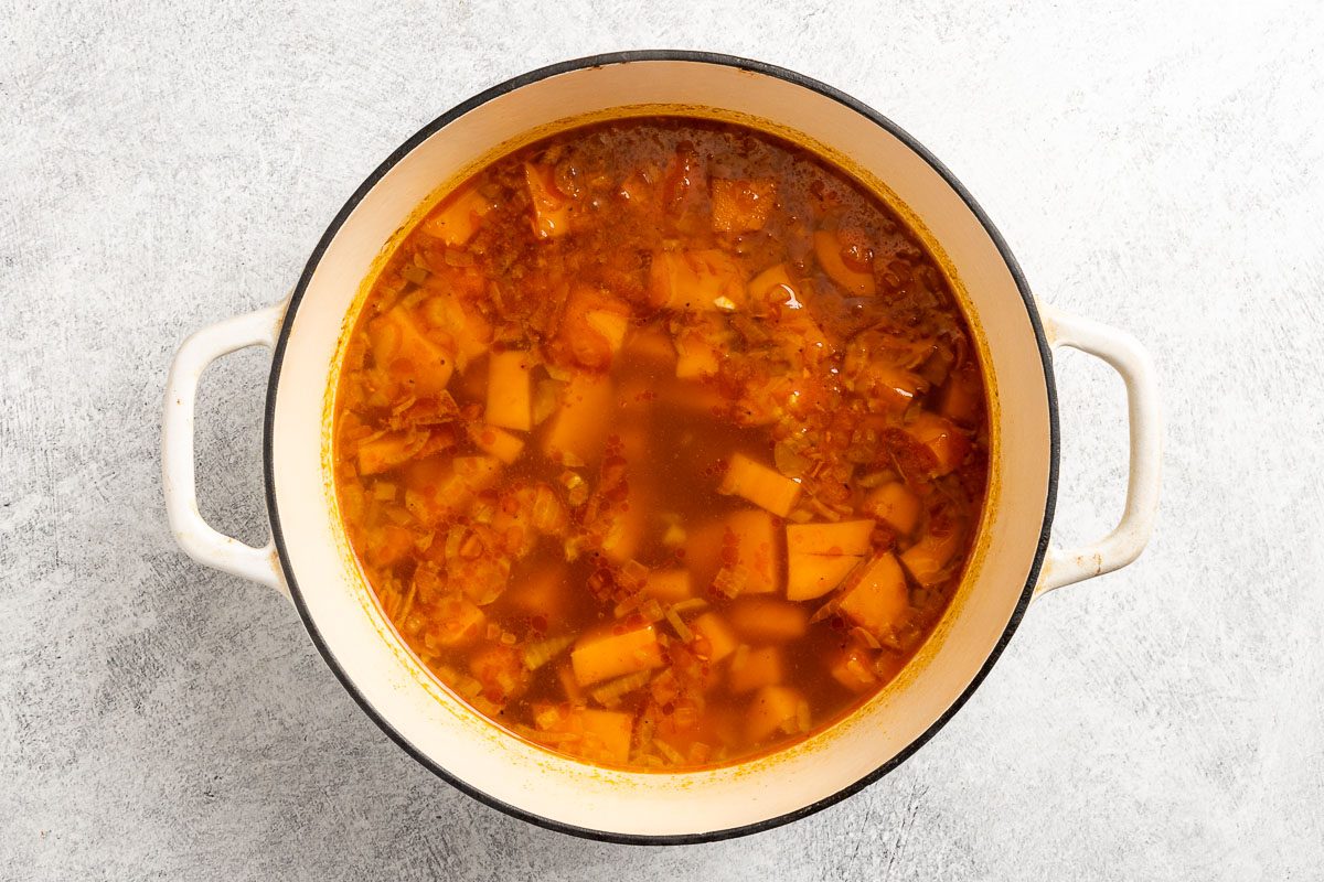 Taste of Home Sweet Potato Soup photo of cooked sweet potatoes in broth.
