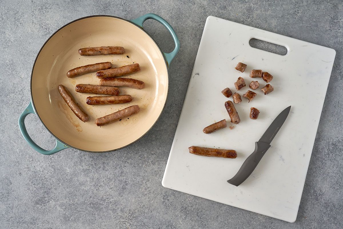 In a large skillet, cook the sausage until it reaches 160°F, then drain and cut into bite-sized pieces for this Sweet-and-Sour Sausage by Taste of Home.