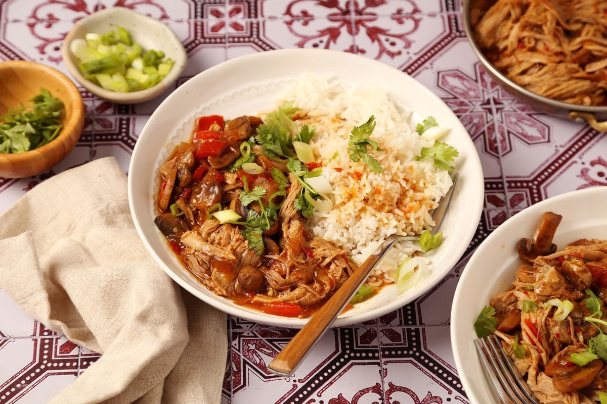 Close up of Taste of Home's Pork Bowl served with white rice in a white serving bowl on a white and red tiled surface.