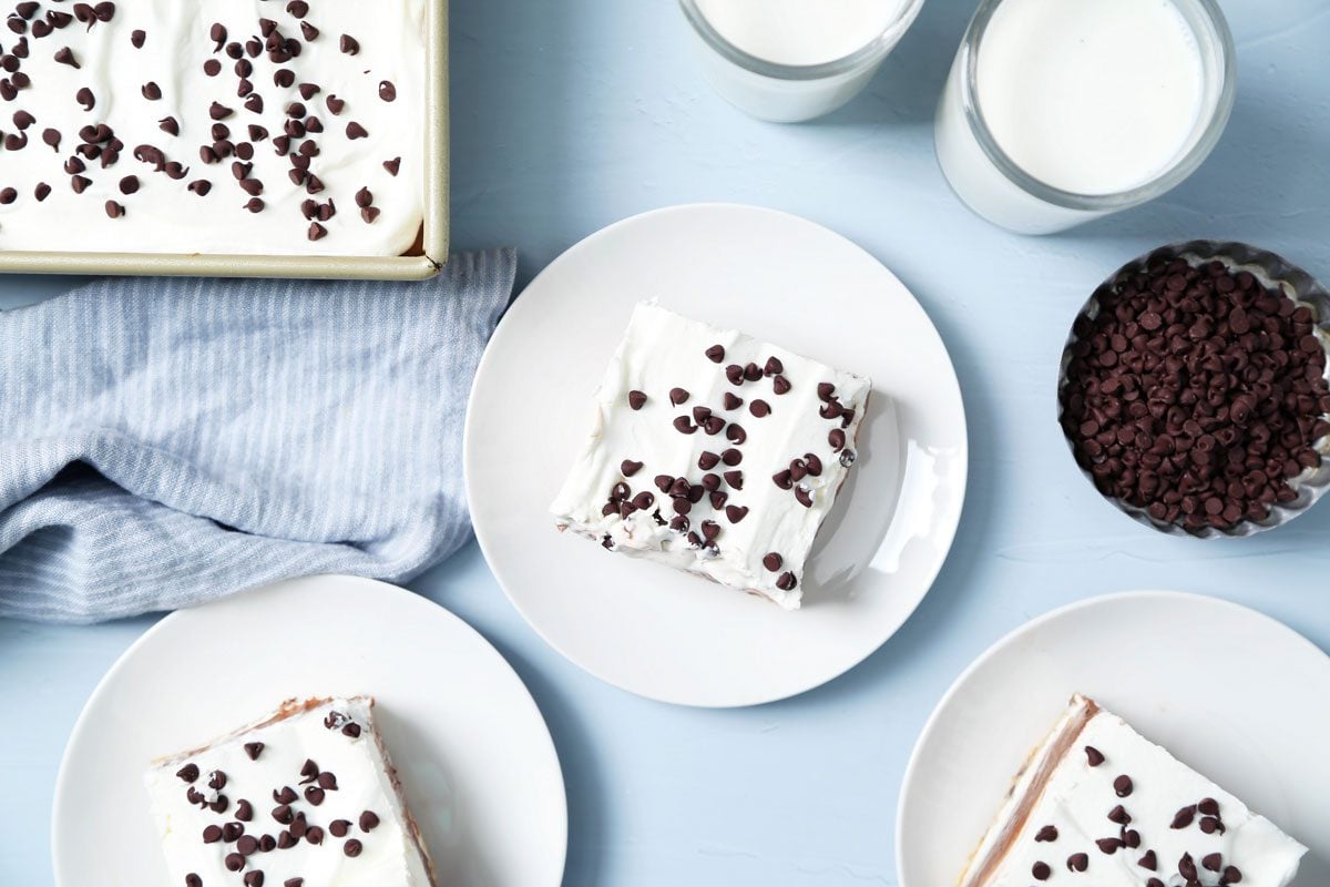 Close up of Taste of Home's Chocolate Chip Cookie Delight served on white plates on a light blue surface.