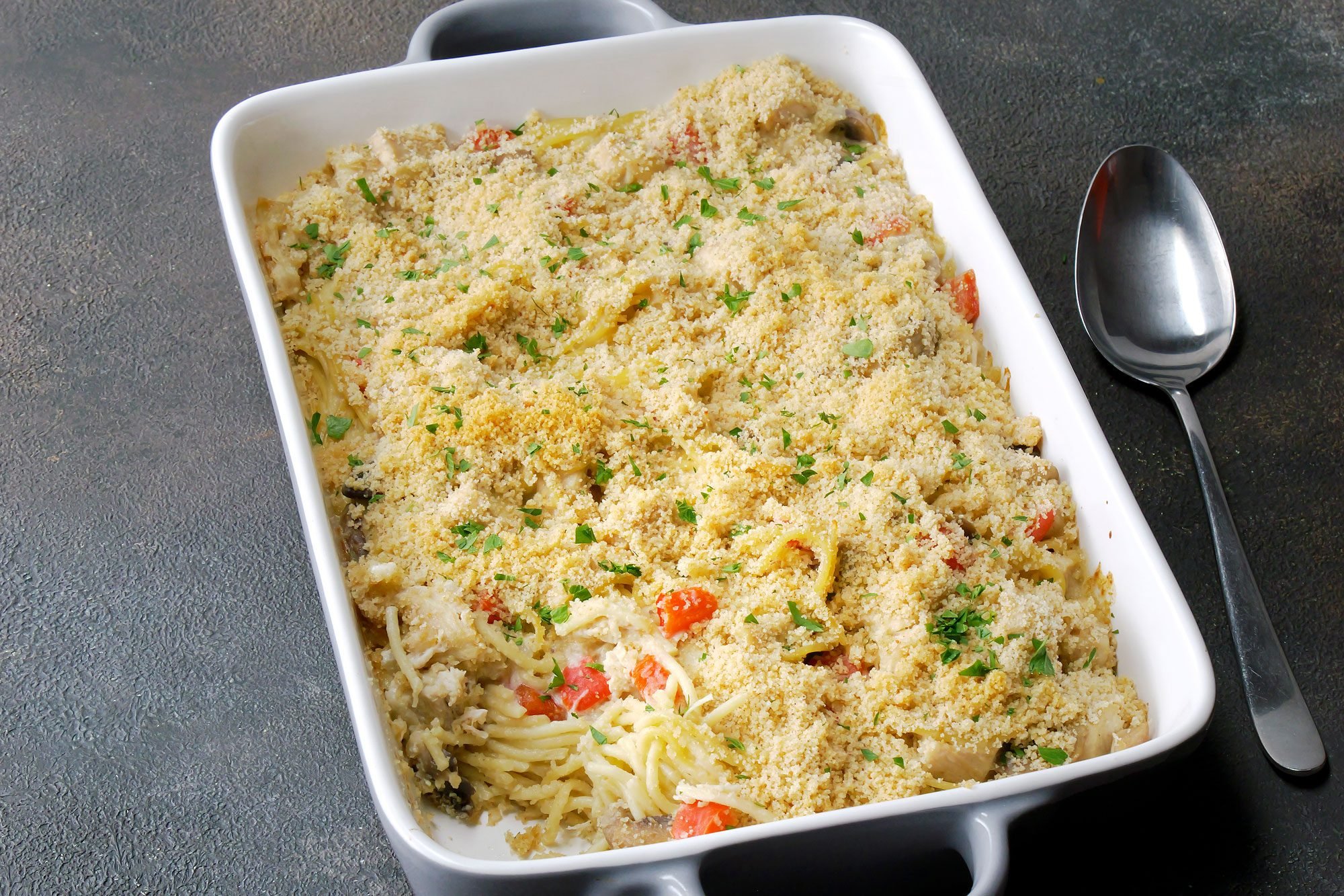 3/4th shot of turkey tetrazzini in a baking dish
