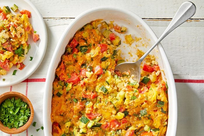 Zucchini Tomato Casserole served with parley on the side