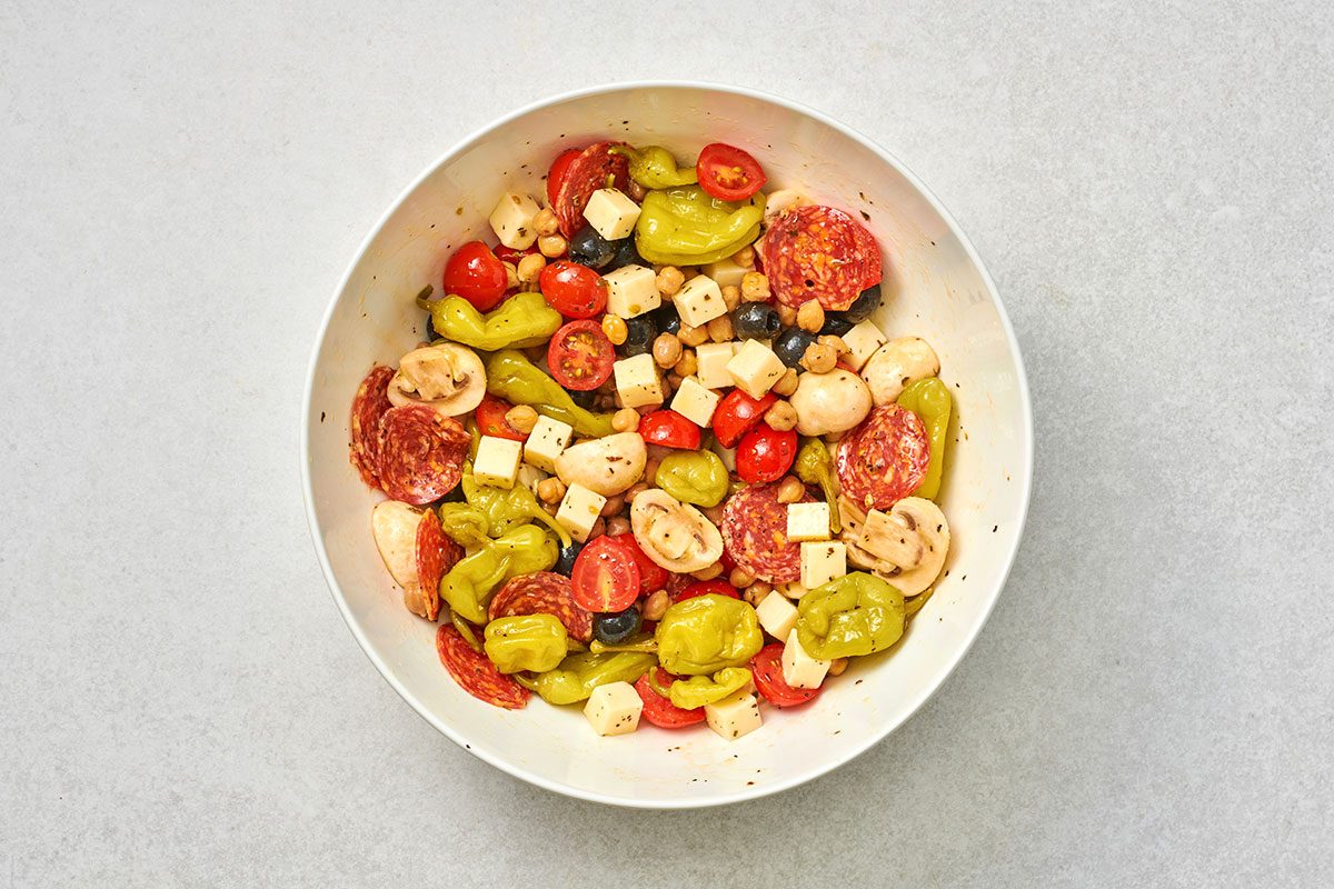 Refrigerated antipasto mixture in a large bow