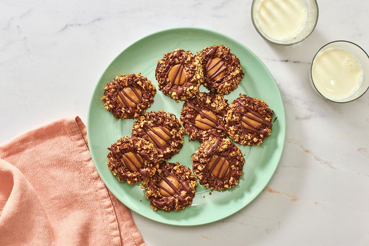 Caramel Thumbprint Cookies served on a platter