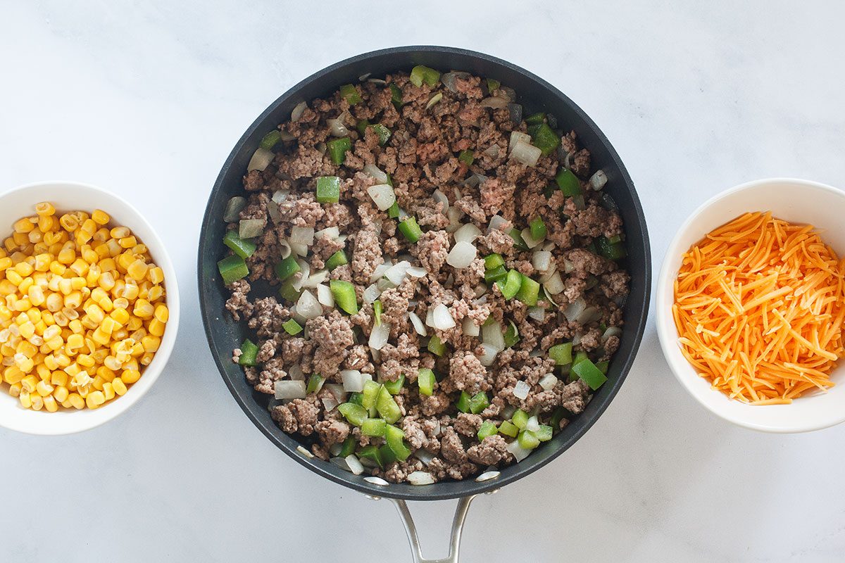Beef and veggies in skillet