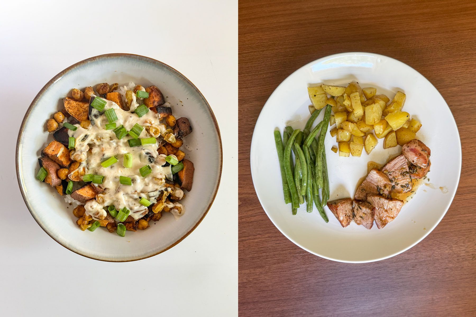 Shwarma chickpea bowl and plated honey thyme pork.
