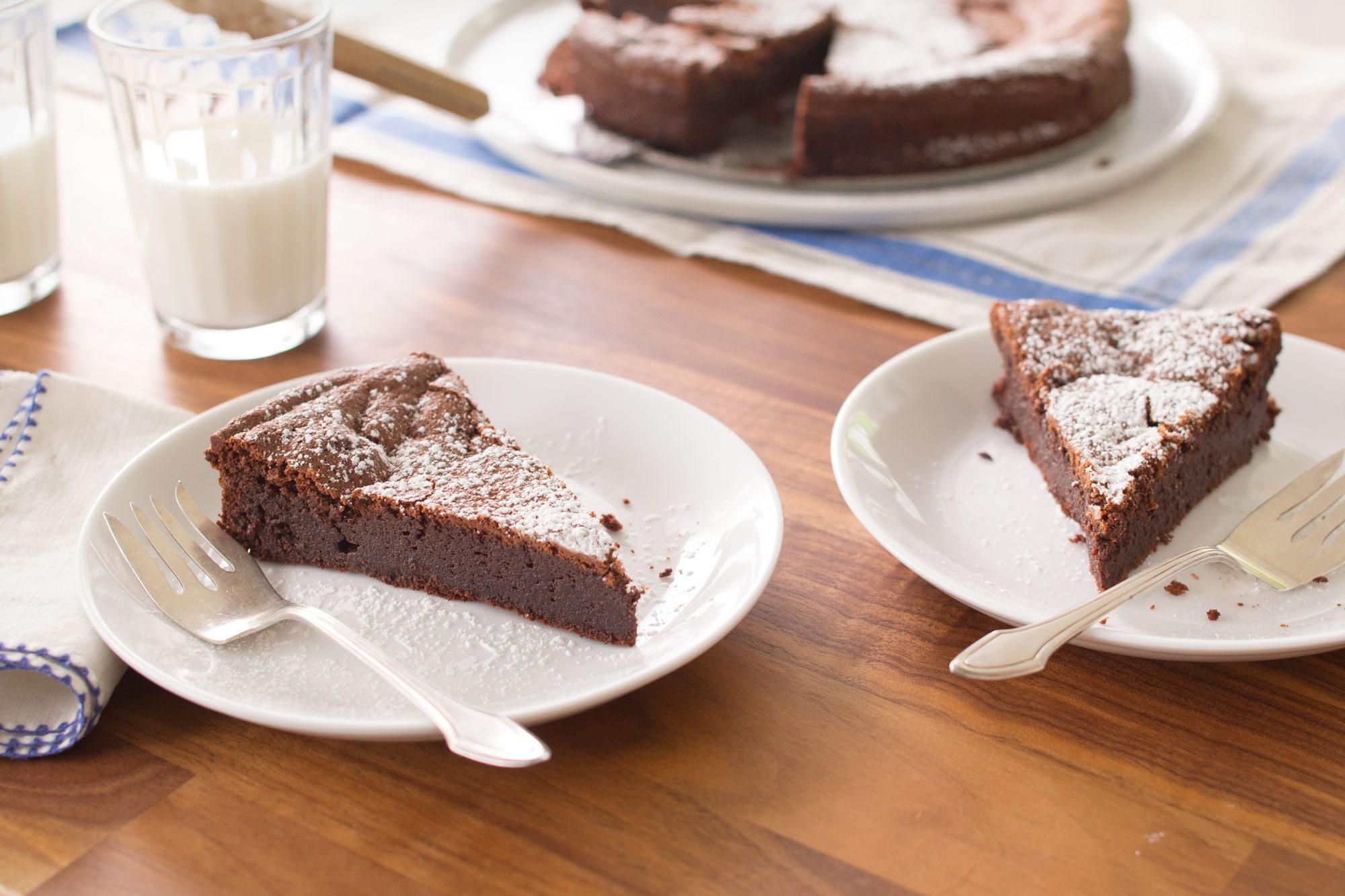 Two slices of Flourless Chocolate Torte dusted with powdered sugar on white plates, accompanied by forks. Glasses of milk and a larger cake in the background are on a wooden table.