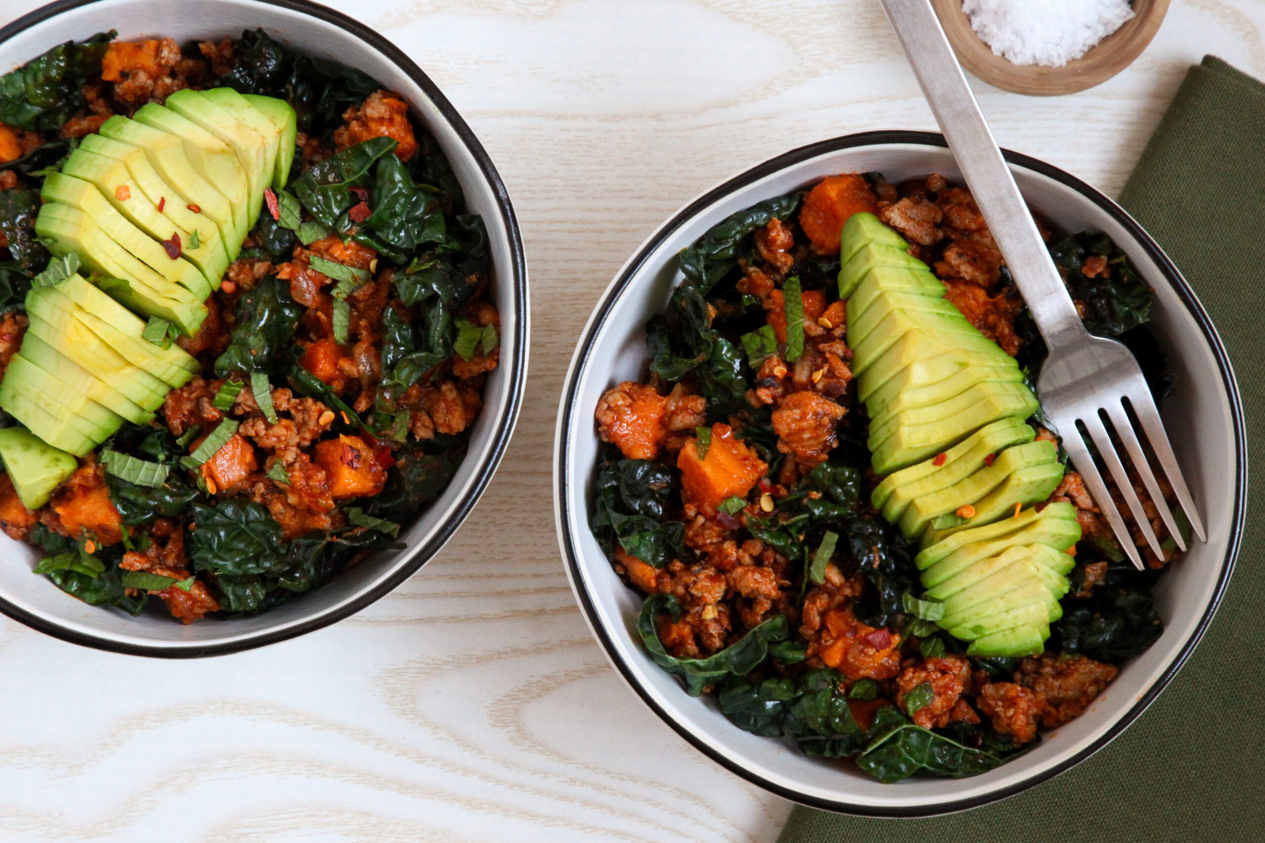 Ground Turkey Sweet Potato Skillet with avocado and mint
