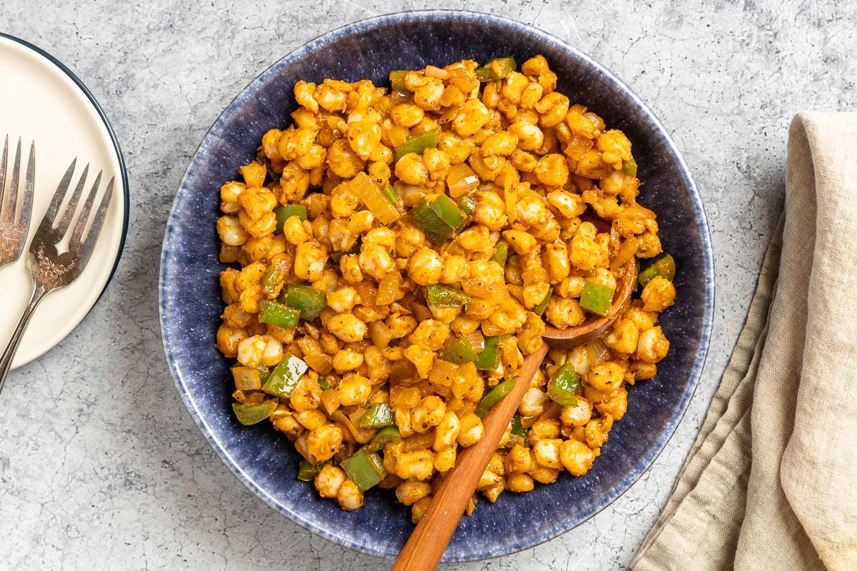 Taste of Home Hominy Recipe photo of the finished recipe in a serving dish.