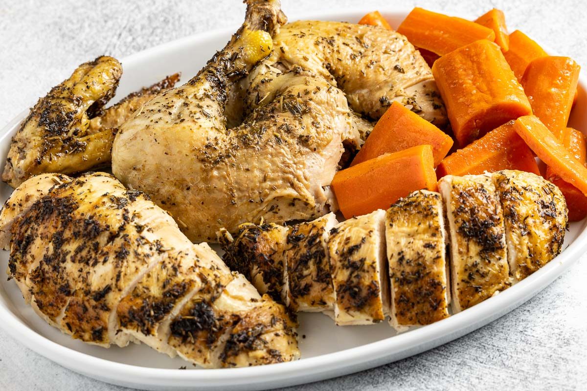 Taste of Home Instant Pot Whole Chicken photo of the finished recipe on a serving platter.