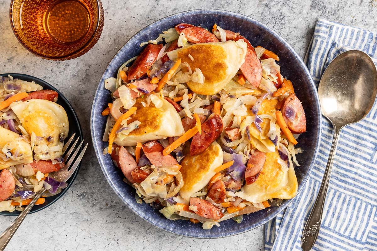 Taste of Home Pierogies and Sausage photo of the finished recipe.