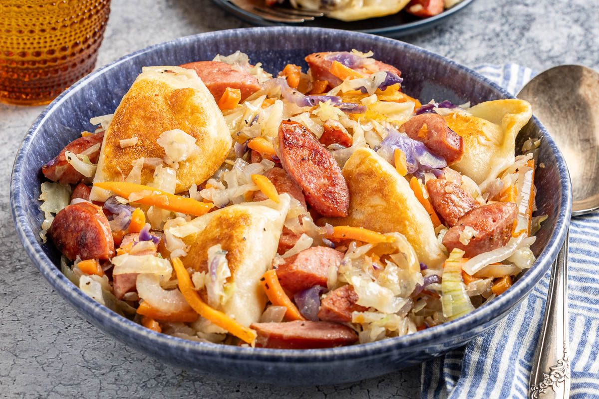 Taste of Home Pierogies and Sausage photo of the finished recipe.