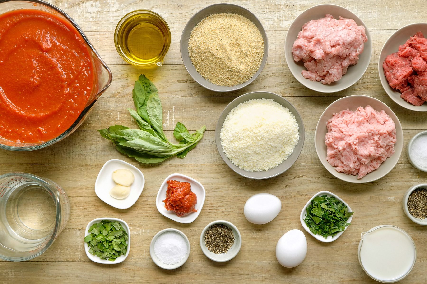 Overhead shot of all the ingredients arranged on a countertop.