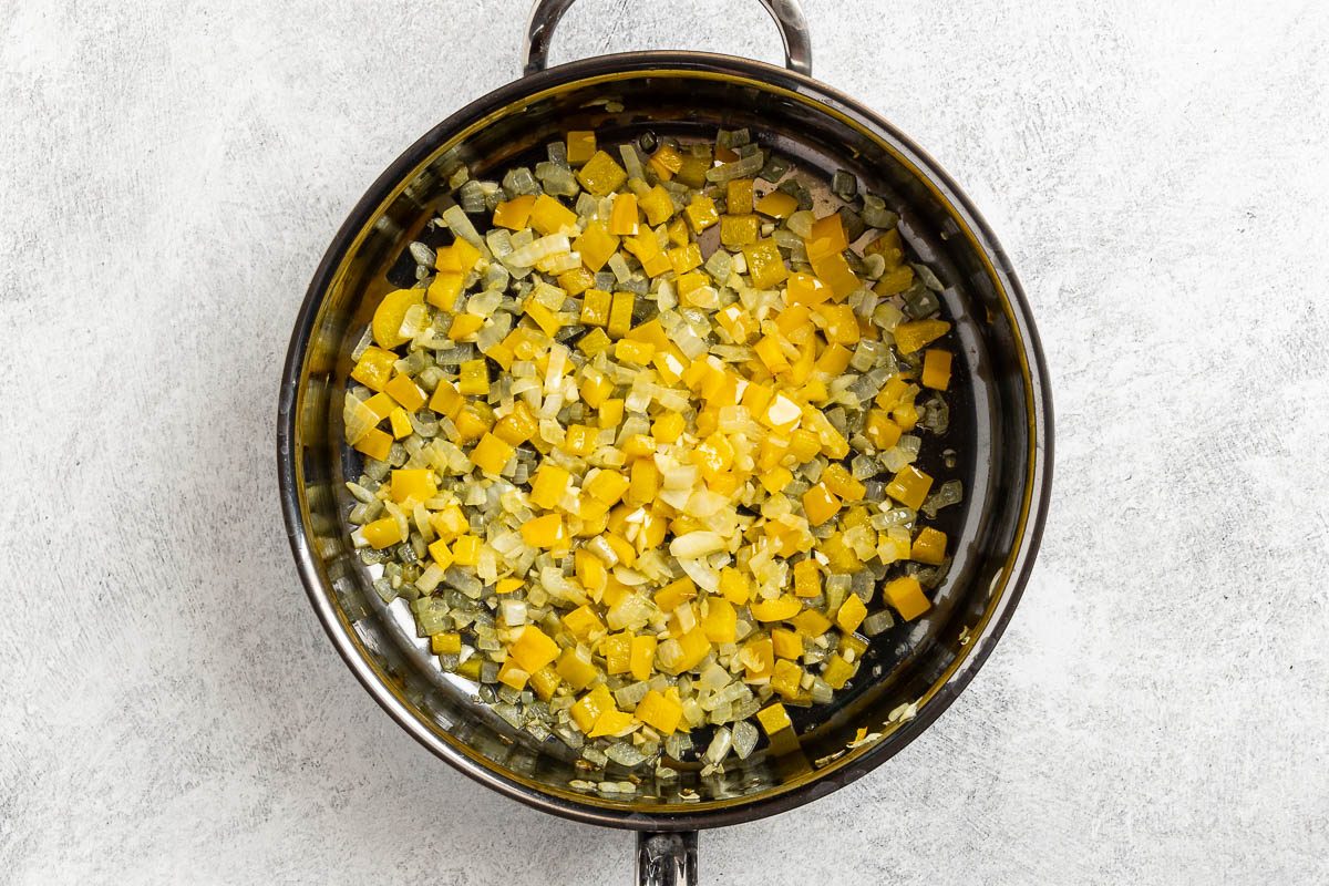 Taste of Home Pumpkin Chili photo of the cooked onion, garlic and sweet yellow pepper,.