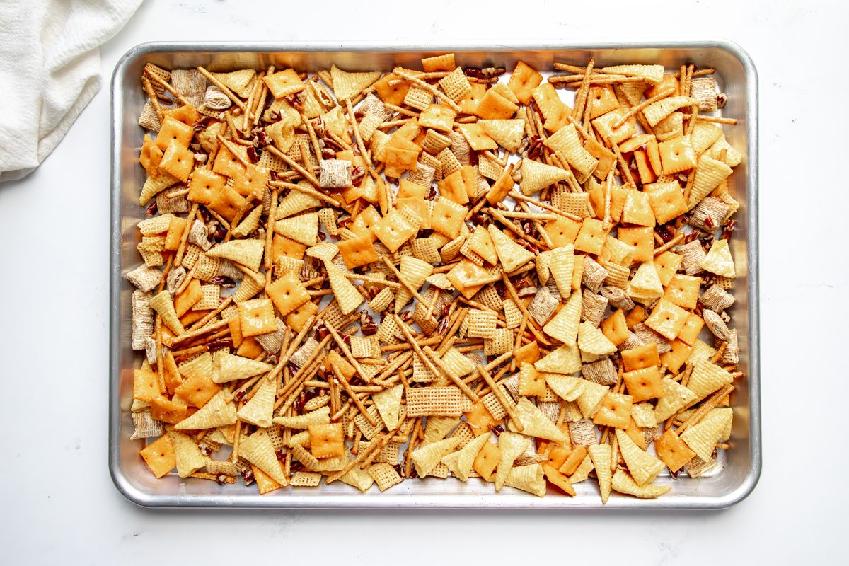 Overhead shot for Taste of Home Reindeer Chow, before being baked on a baking sheet.