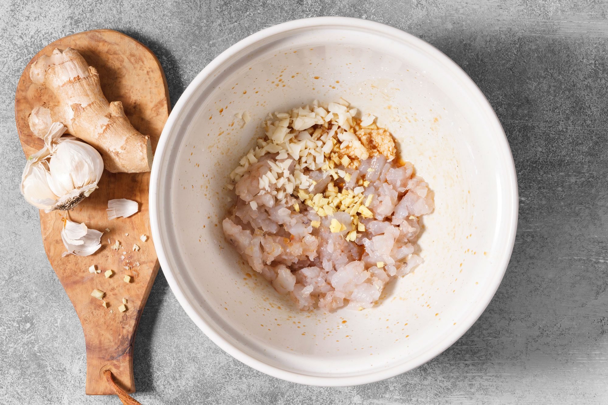 Add shrimp, ginger, garlic and water chestnuts.