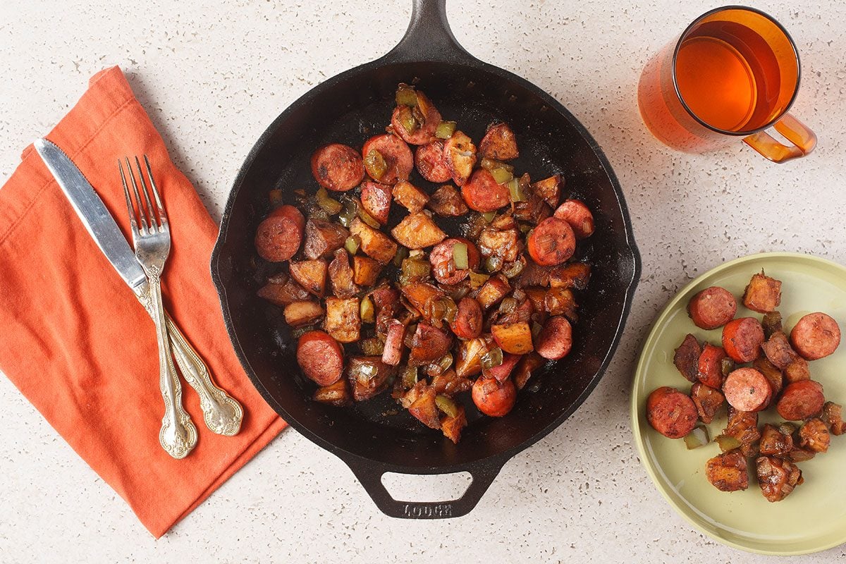 Brats And Potatoes Overhead In Skillet