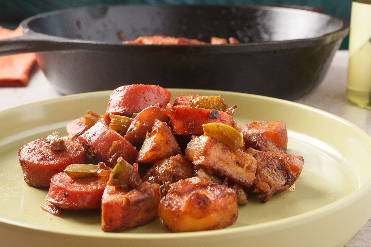Brats And Potatoes Close Up, 3/4 Angle
