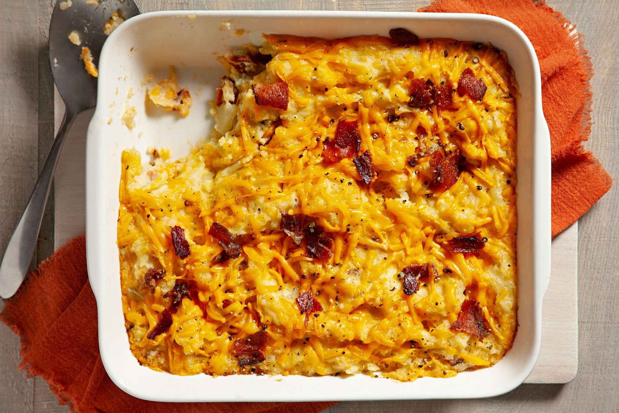 overhead shot of double baked mashed potatoes