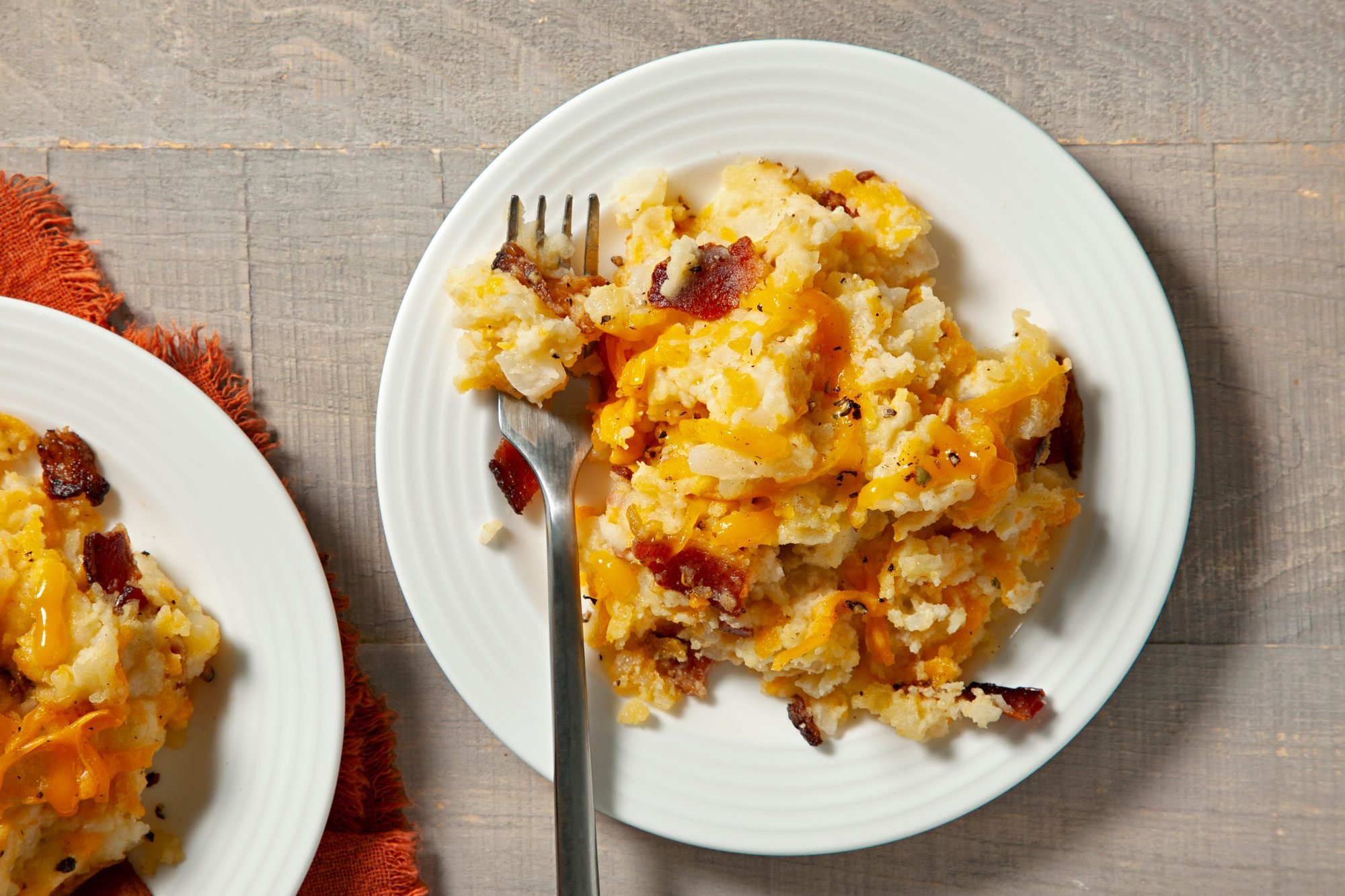 wide shot of double baked mashed potatoes