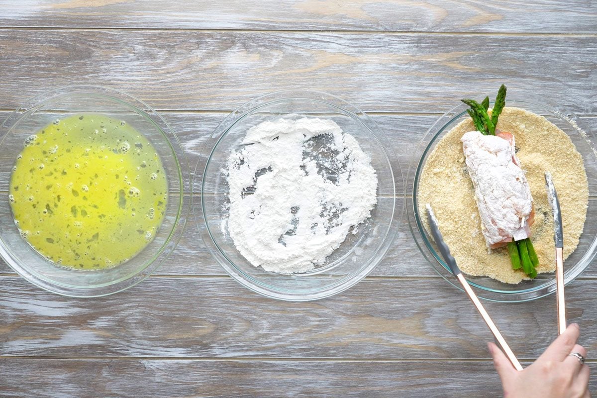 Coat chicken with flour, dip in egg, then coat with bread crumb mixture.