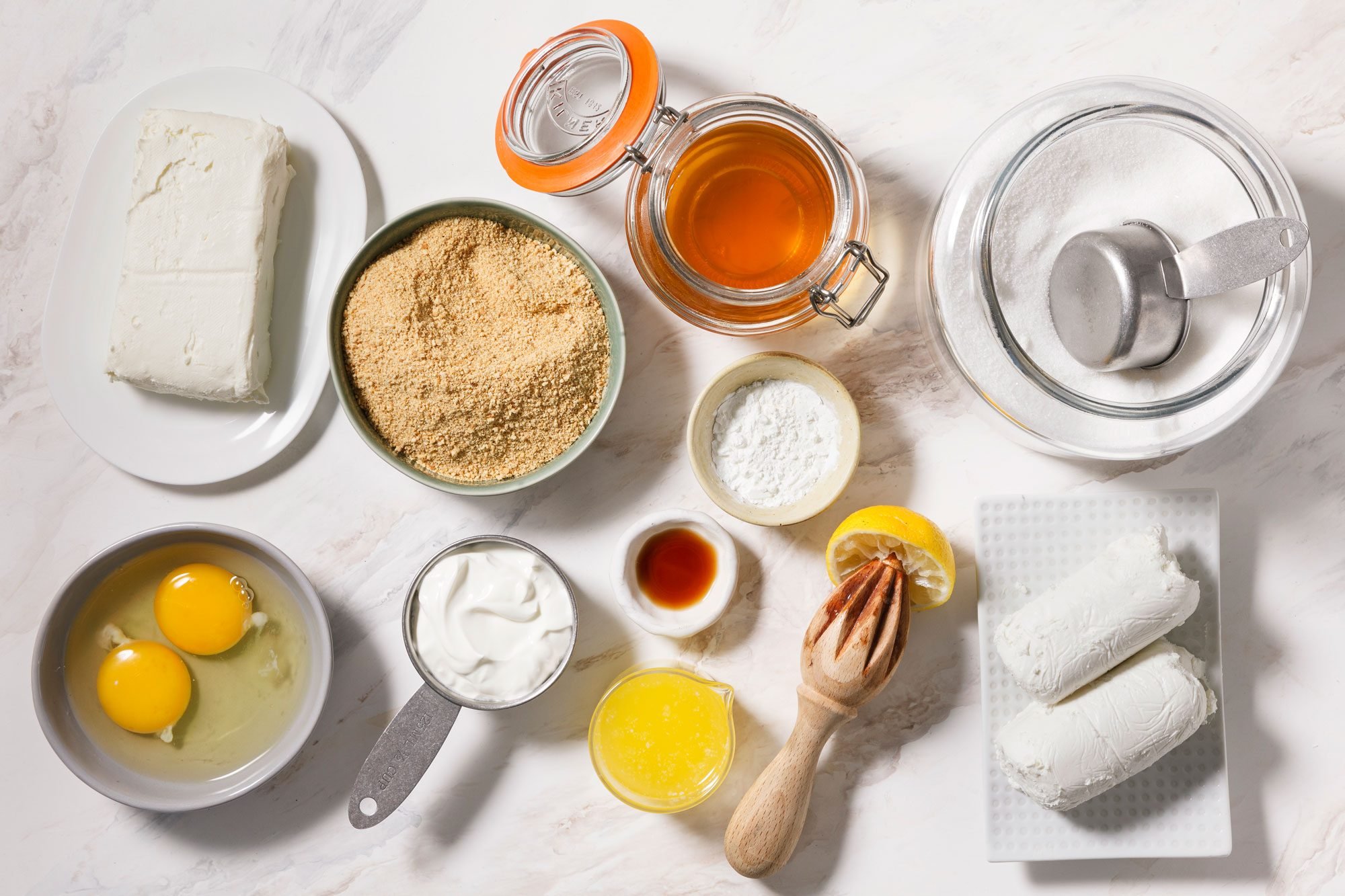 overhead shot of ingredients for Goat Cheese Cheesecake 