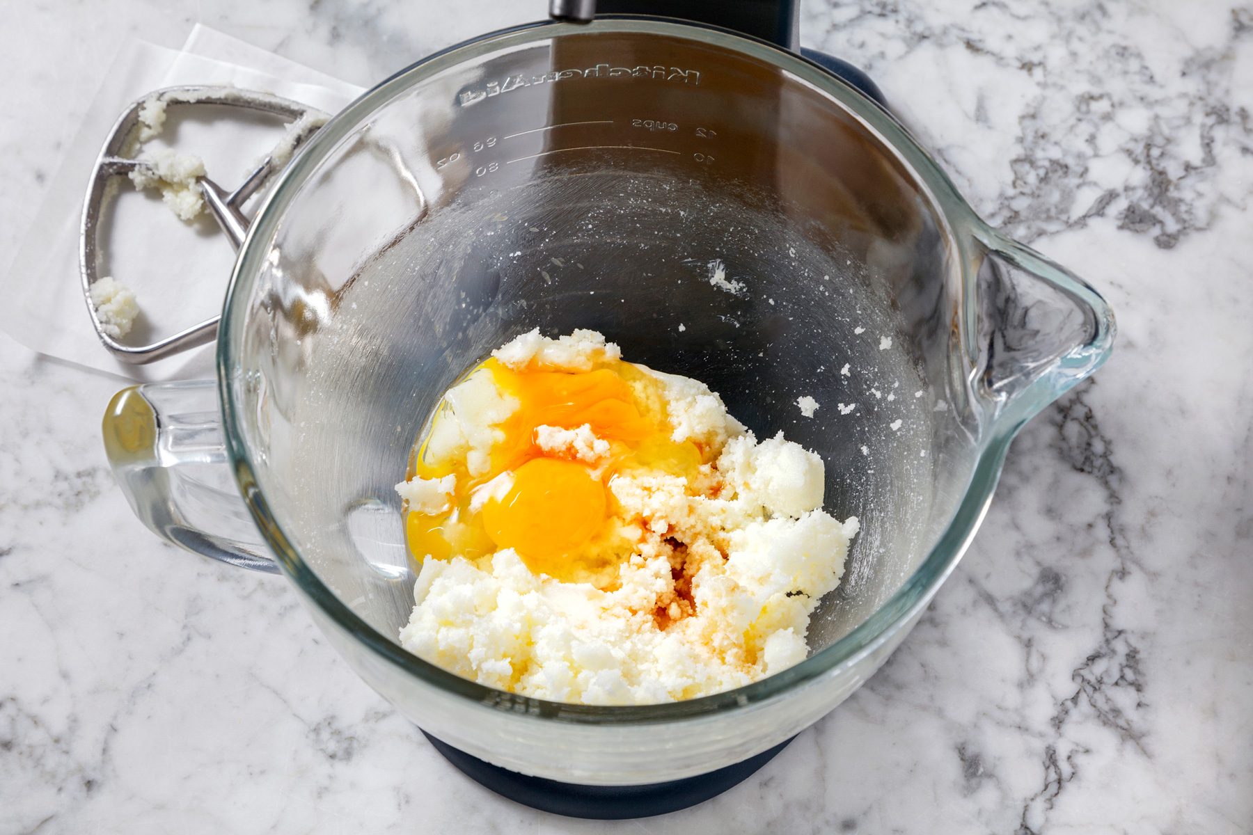 beat butter and sugar,eggs and vanilla extract in a stand mixer