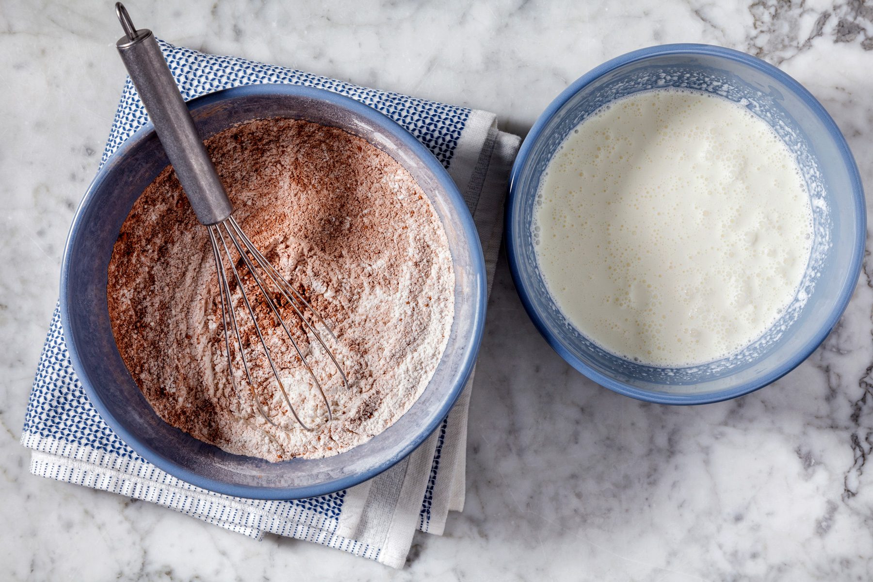 In a large bowl, combine flour, baking soda, baking powder, cocoa and salt.