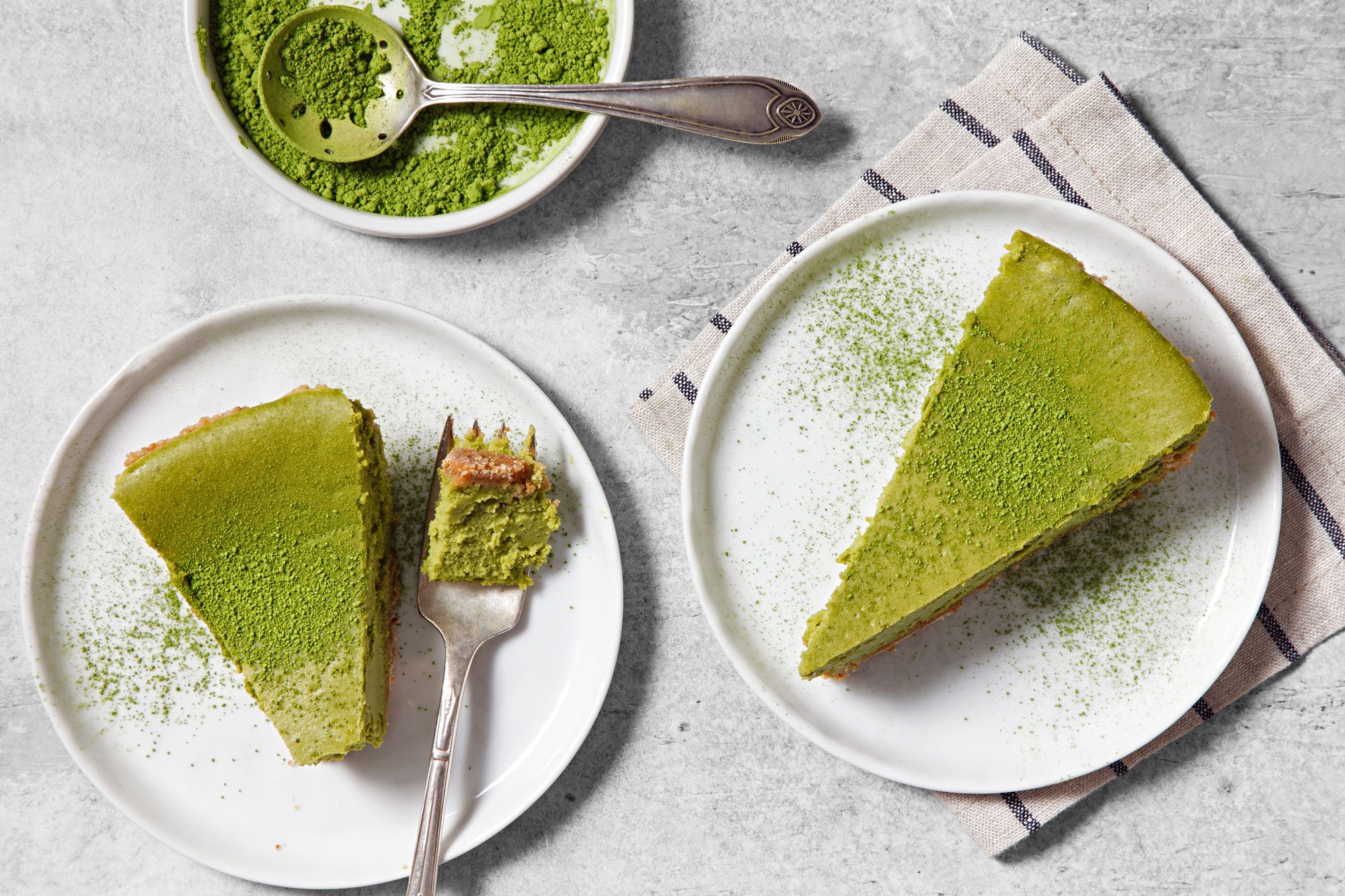 Matcha Cheesecake slices served in plates