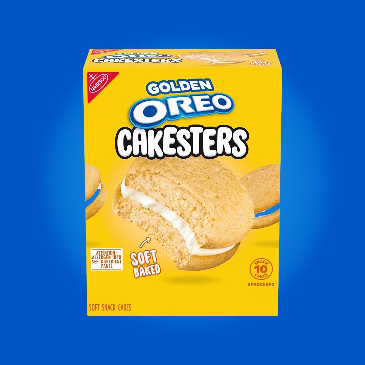 A box of Golden Oreo Cakesters on a blue background