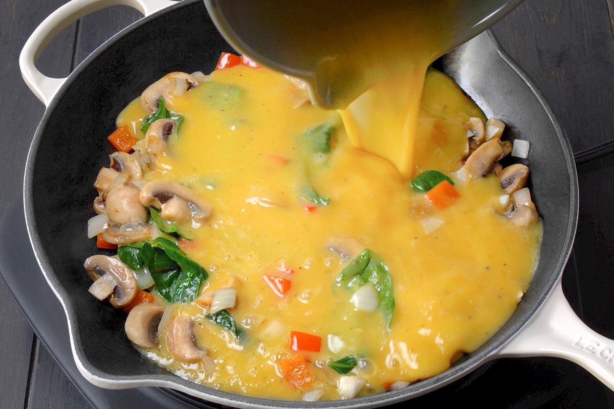 Egg mixture being poured into a skillet with mushrooms, spinach, chopped onions, and red bell peppers.