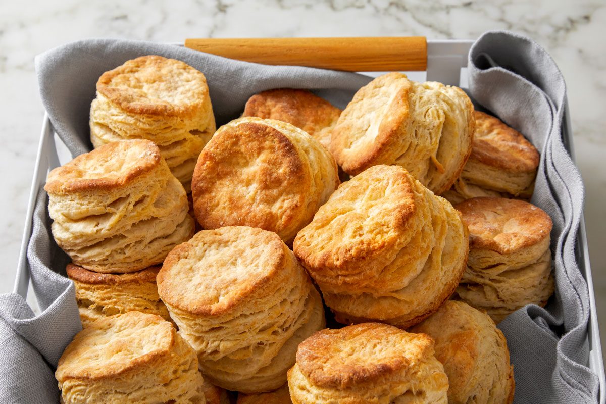Close shot of Simple Biscuits; serve in a basket; marble surface