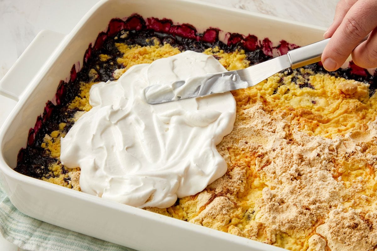 Serve dump cake with yogurt mixture.