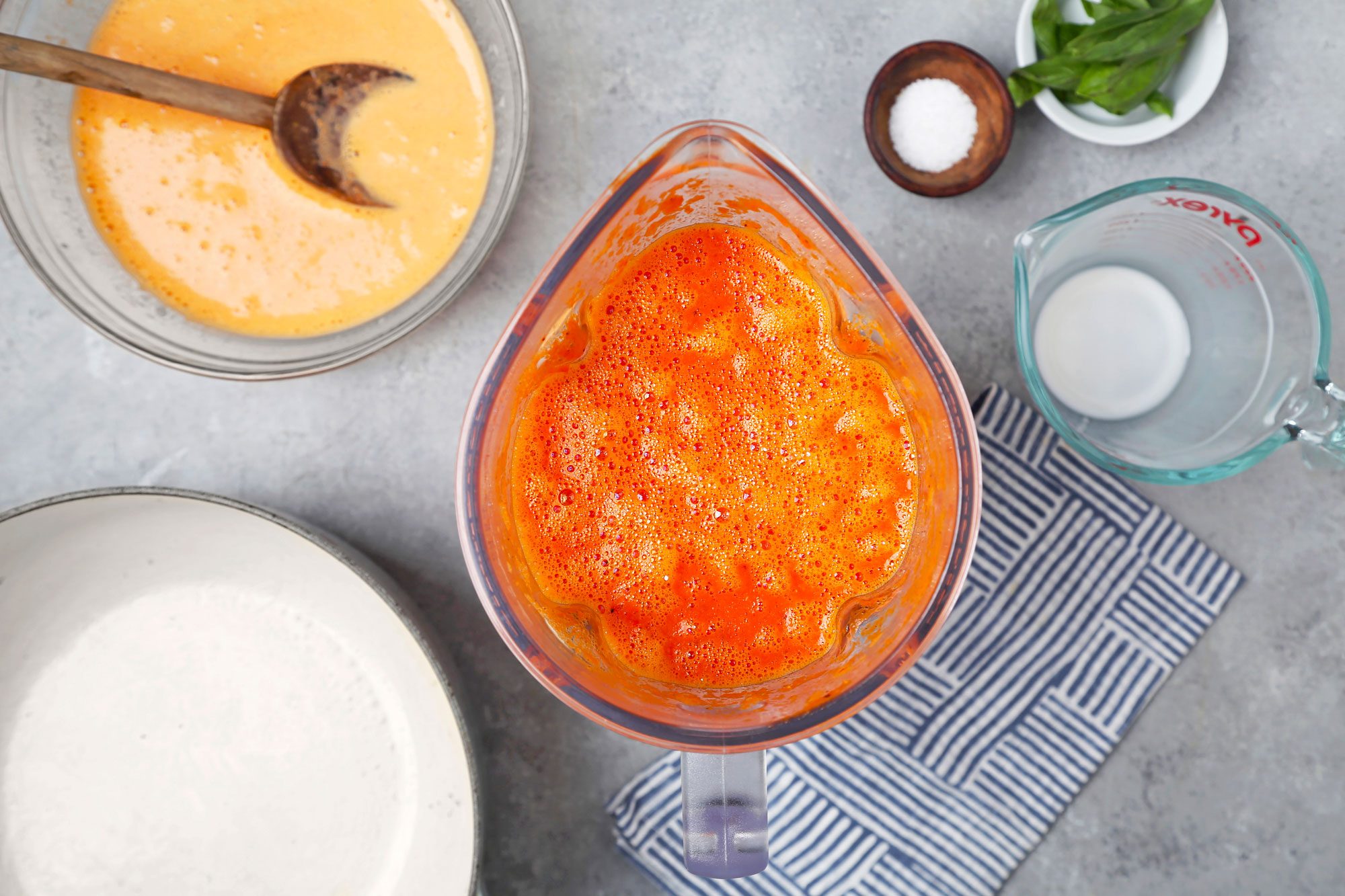 Soup poured into a blender about to be pureed.