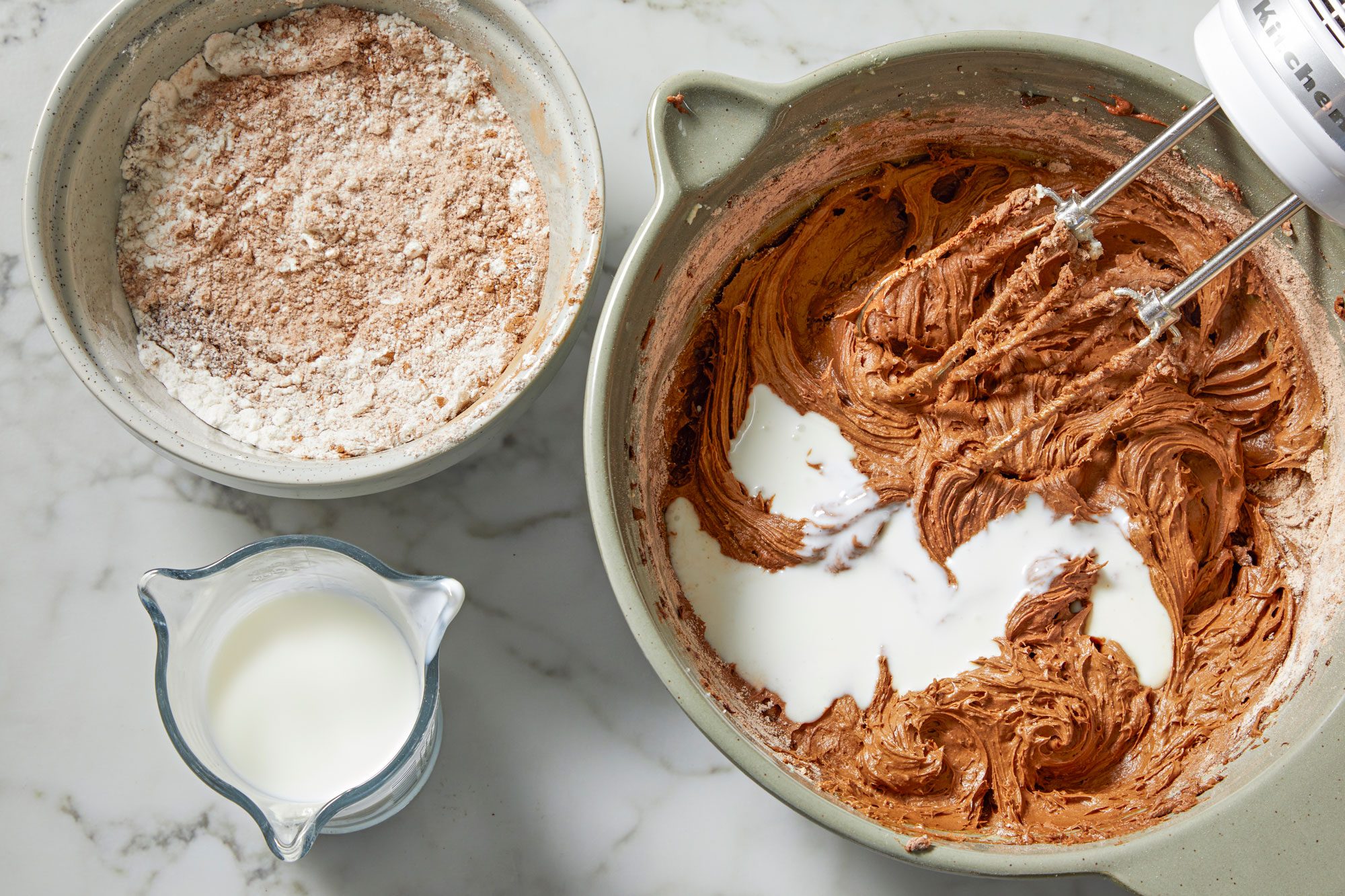 combine flour, baking cocoa, espresso powder, baking powder, baking soda and salt; add to creamed mixture alternately with buttermilk, beating well