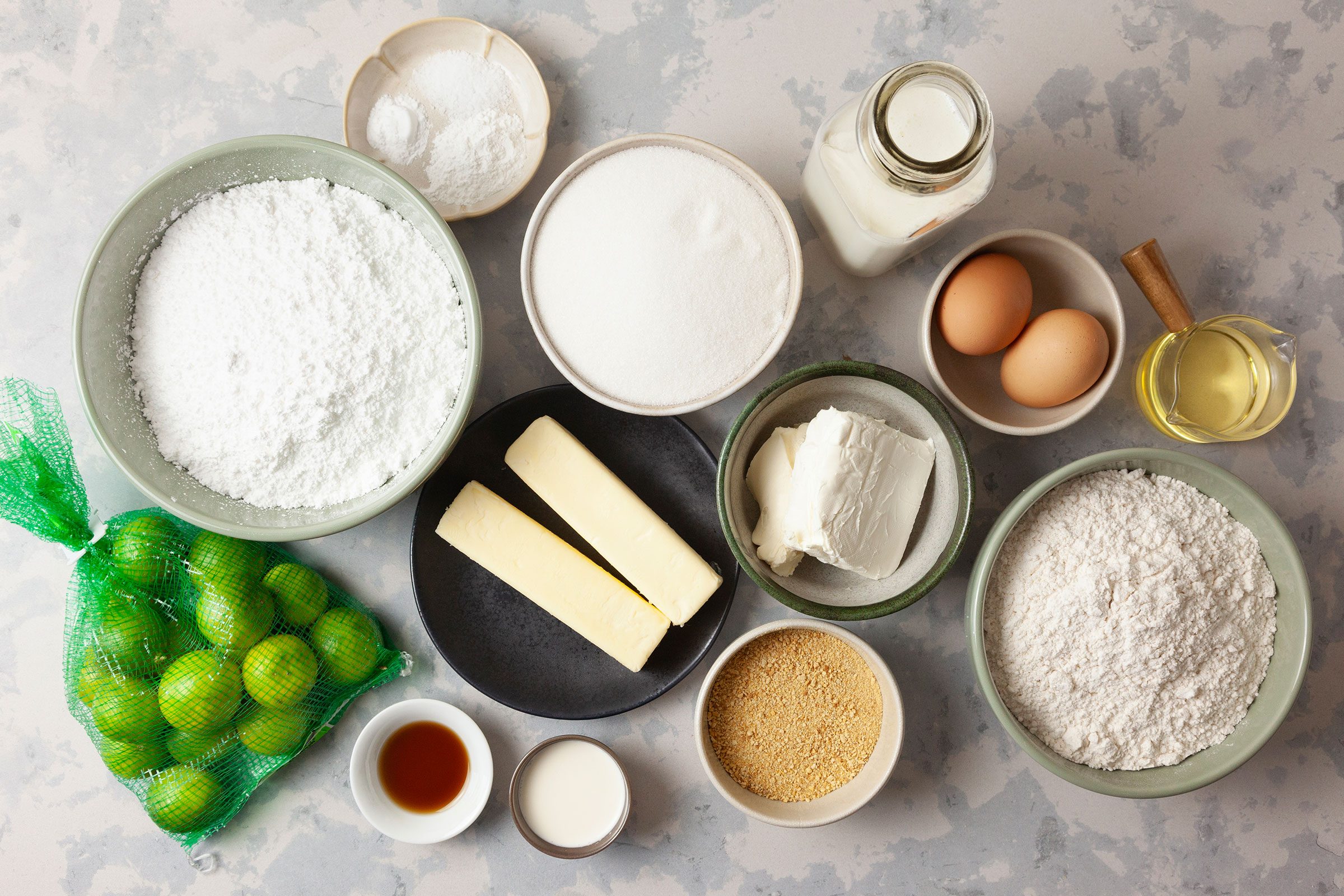 Key Lime Cake ingredients in small bowls