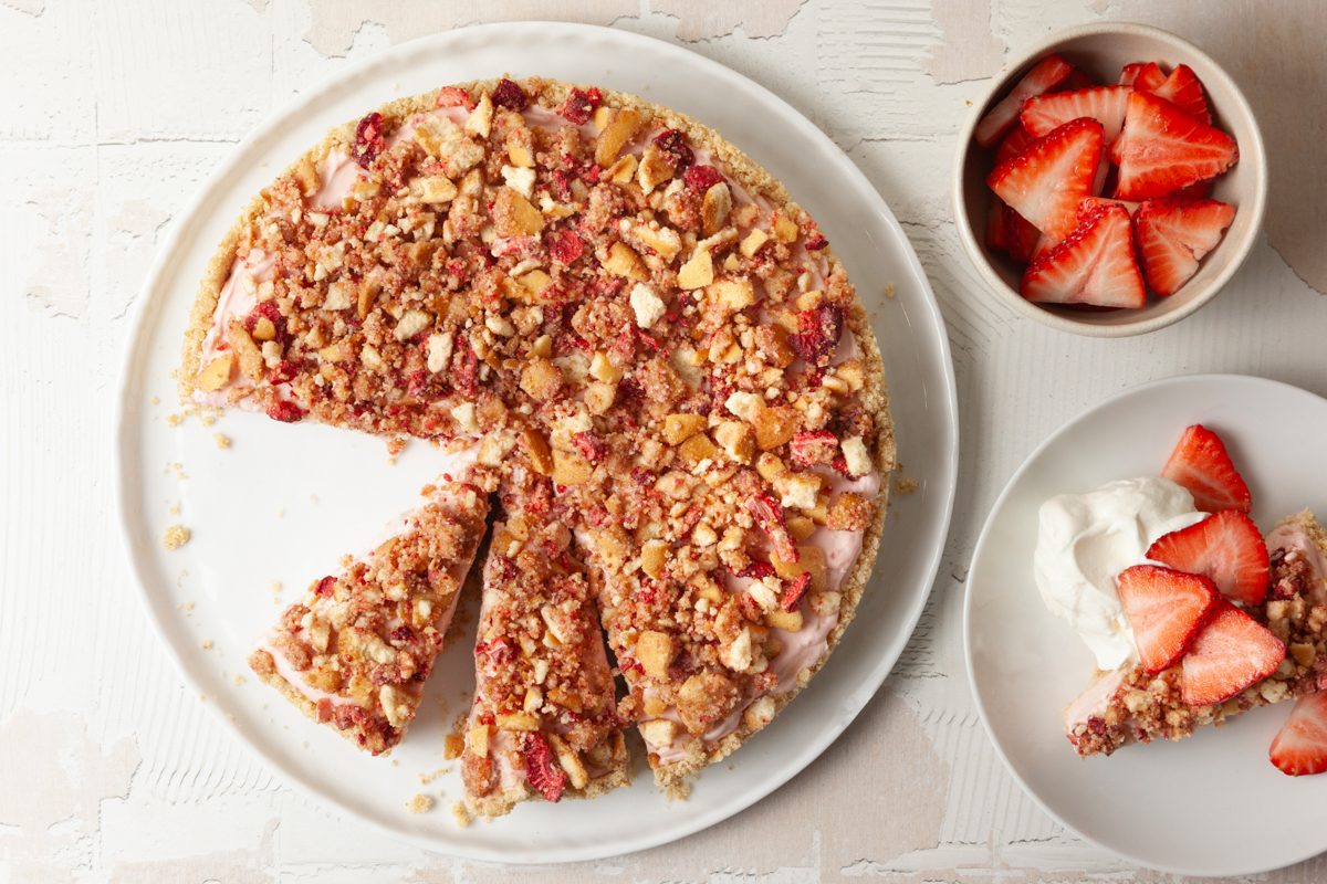 Overhead shot of Strawberry Crunch Cheesecake on large plate