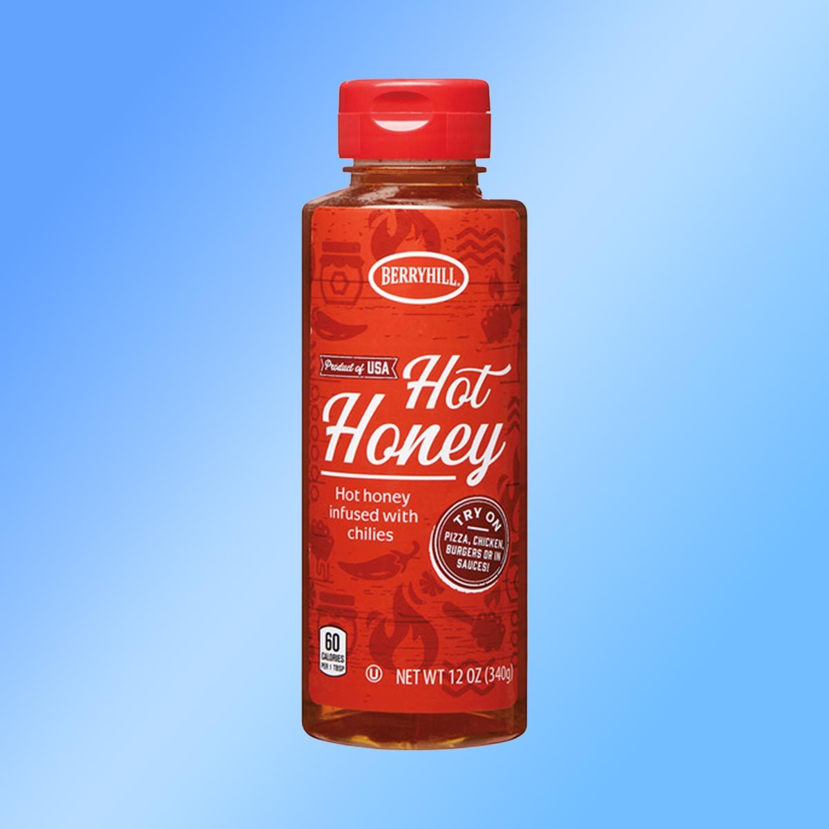 Berryhill Hot Honey container on a blue background