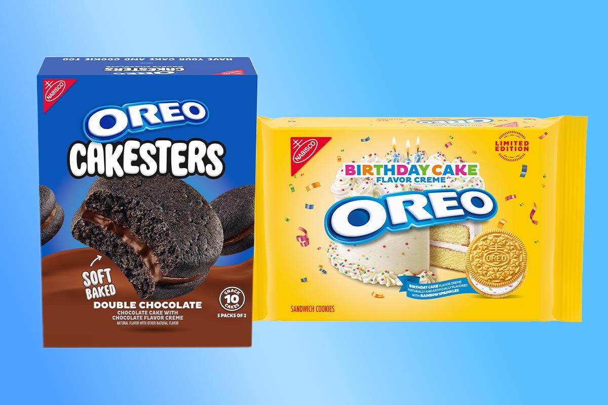 Oreo Cakesters package and Birthday Cake Oreo package on a blue background