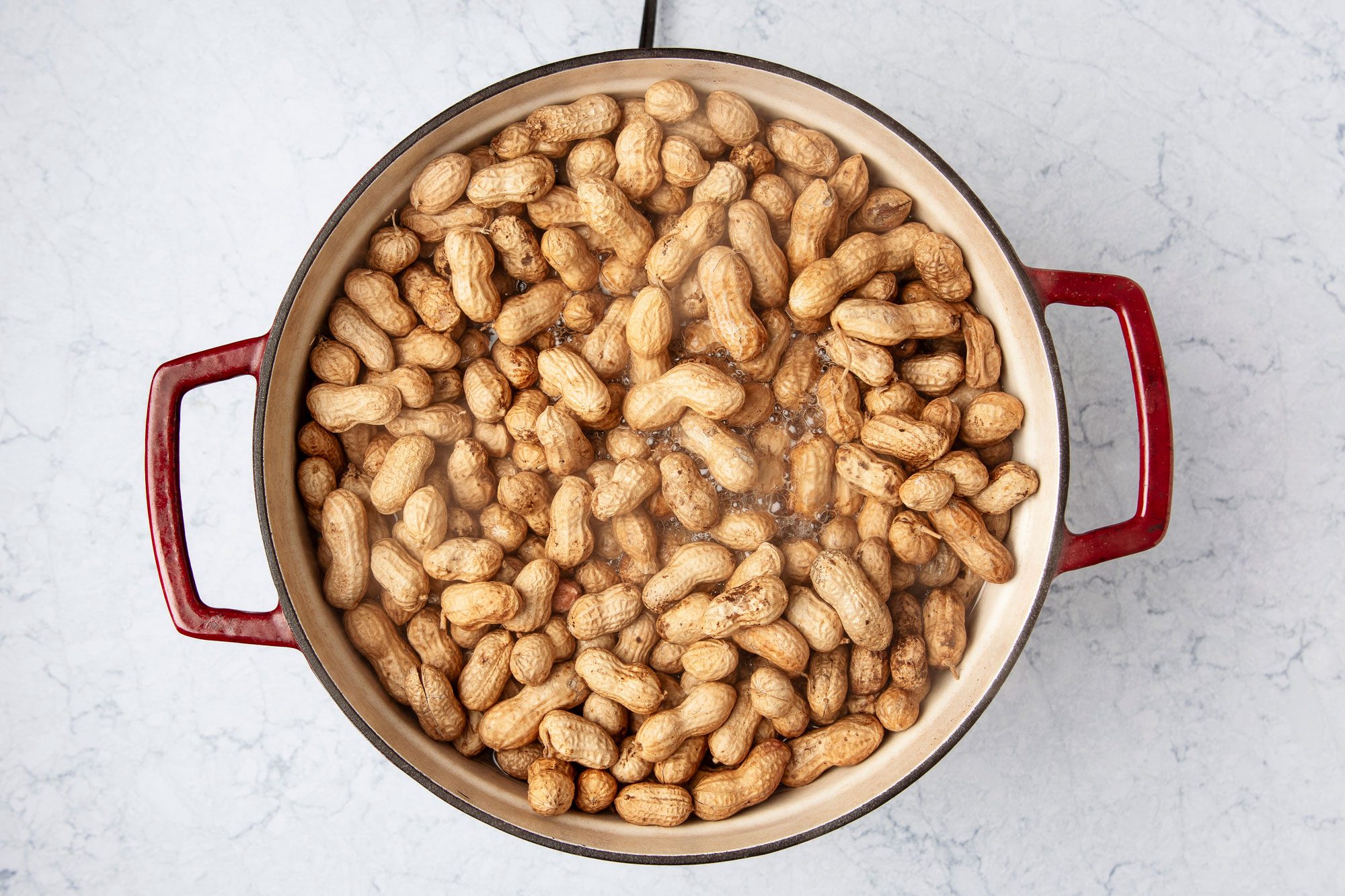 Overhead shot of place water; salt and peanuts in a large stock pot; bring to a boil; reduce heat to medium-low; Simmer covered until peanuts are tender 2-3 hours; marble surface;