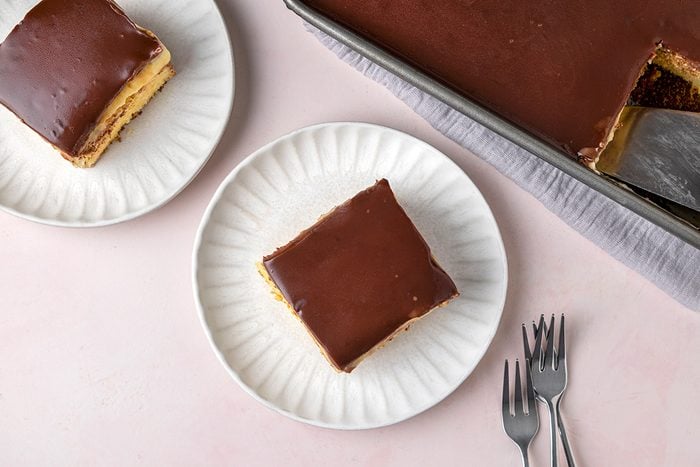 overhead shot of Boston Cream Poke Cake