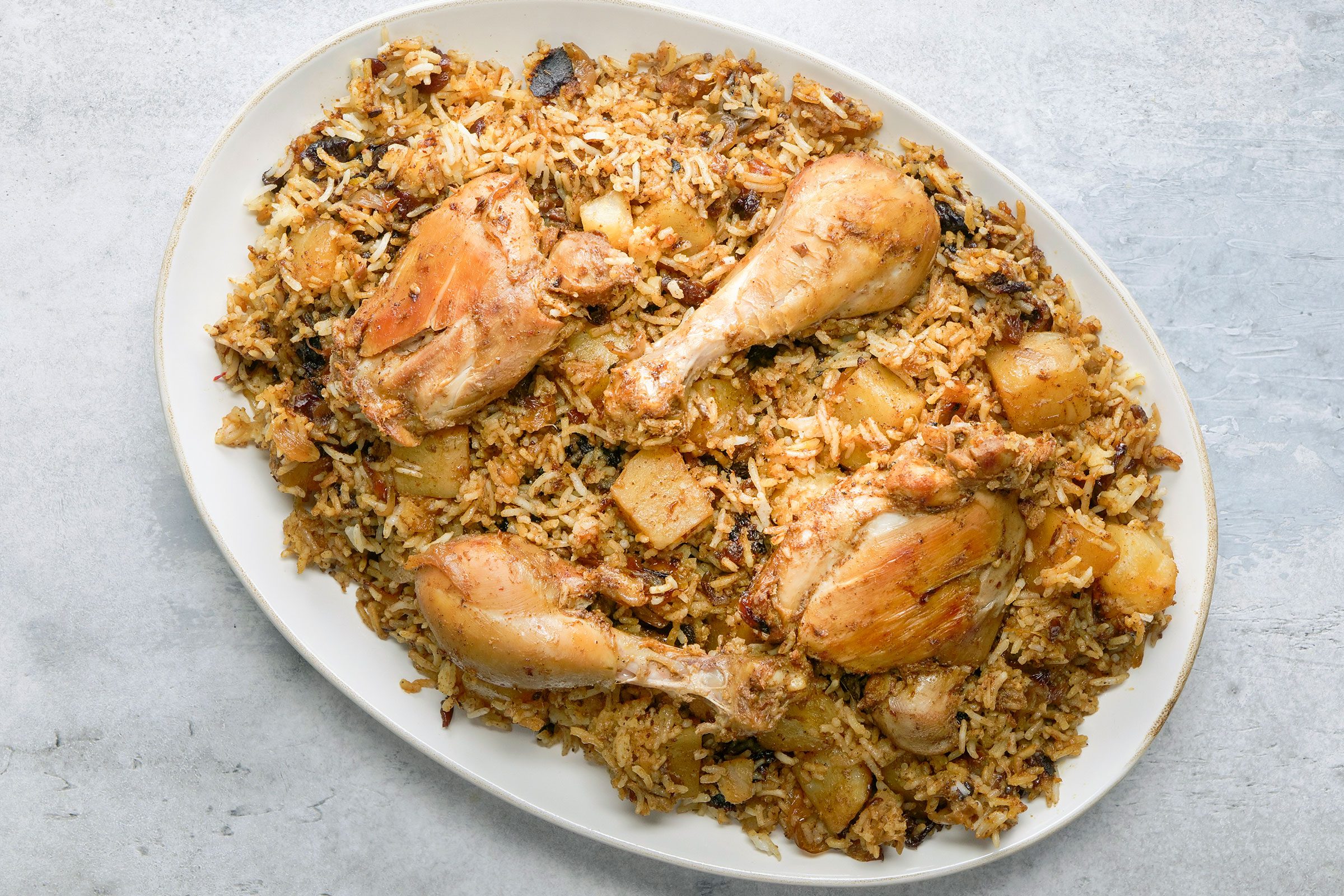 Chicken Biryani served in a big white plate