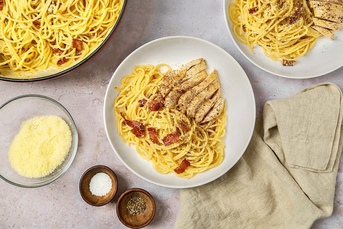 overhead shot of Chicken Carbonara, featuring a generous portion of creamy spaghetti topped with tender slices of grilled chicken